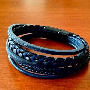Multi-layer Blue and Black Faux Leather Bracelet with Magnetic Closure